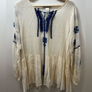 Cute Options Bohemian Blouse Woman Small Cream Rayon Blue Tassel Embroidery